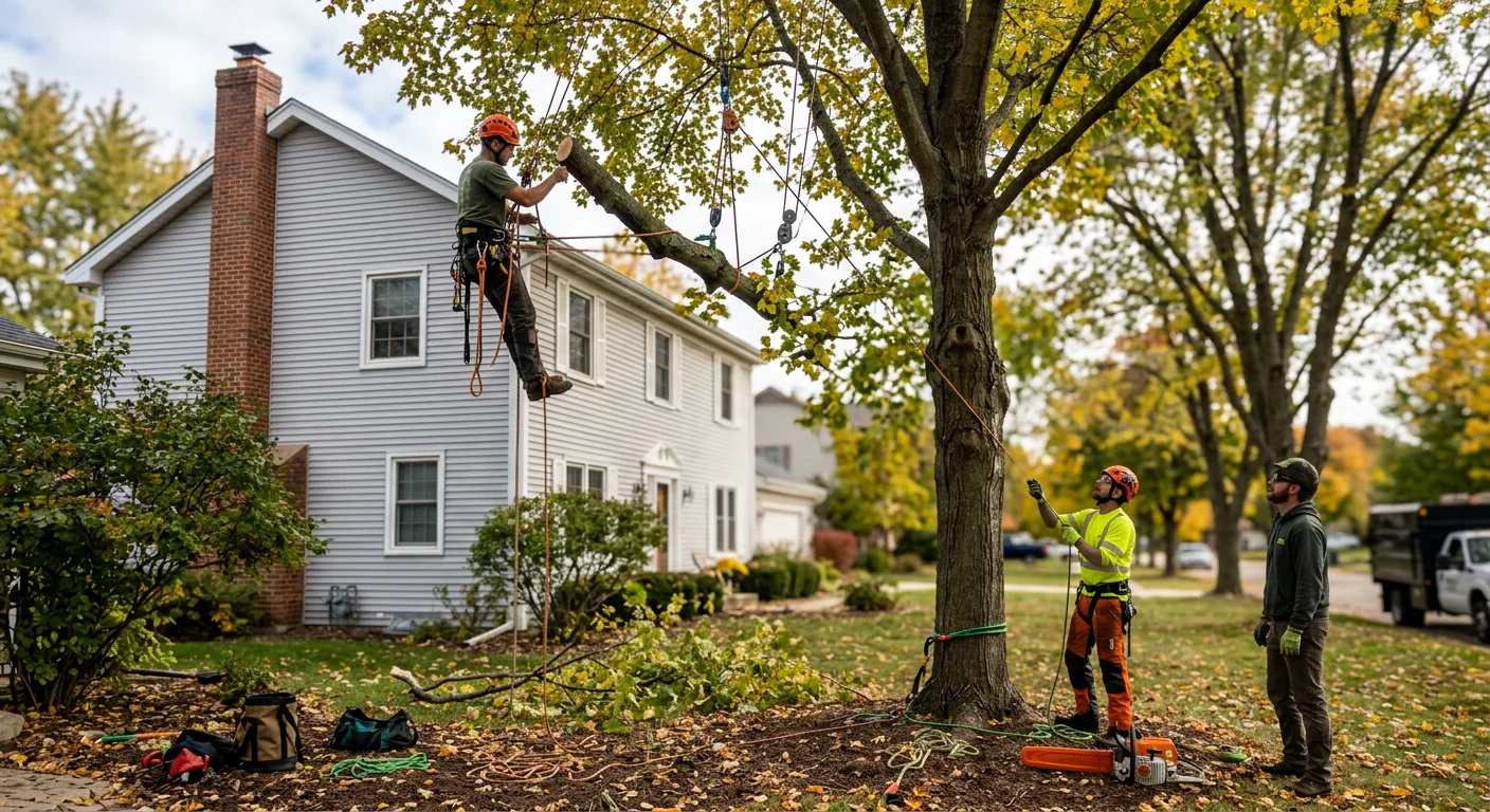 Crew using rigging equipment for controlled tree removal near a home