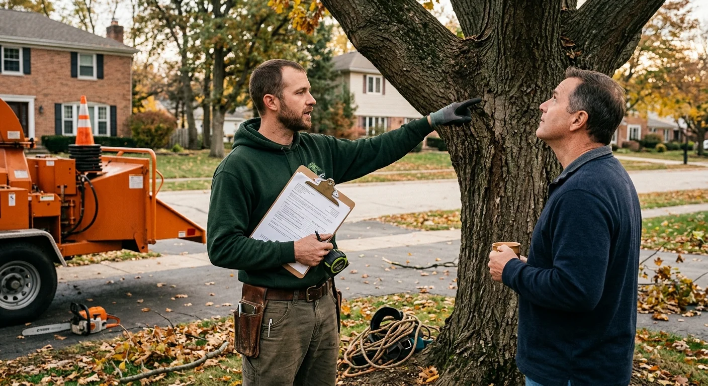 Arborist evaluating a mature backyard tree canopy before trimming in Batavia