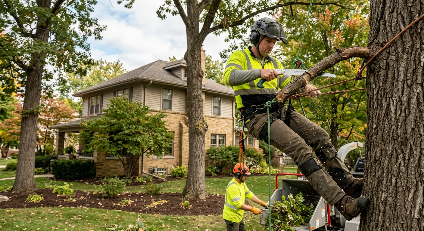 Arborist performing precise canopy trimming on a mature tree in Batavia
