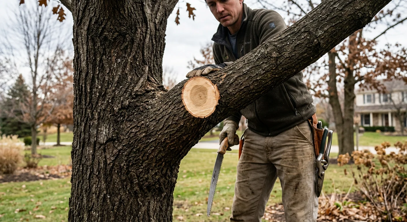 Close-up of a clean pruning cut at the branch collar on a mature oak