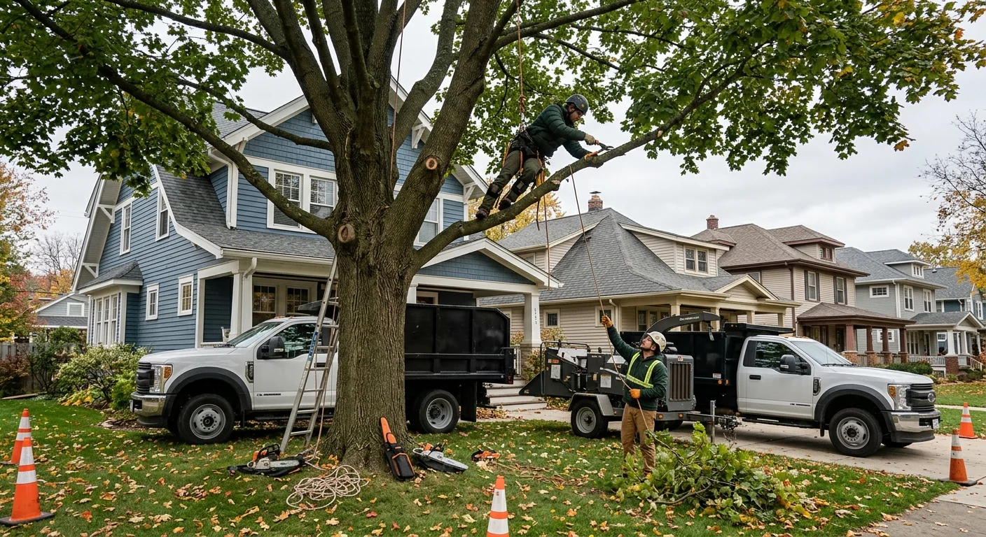 Wide shot of a trimmed maple canopy over a residential Batavia yard
