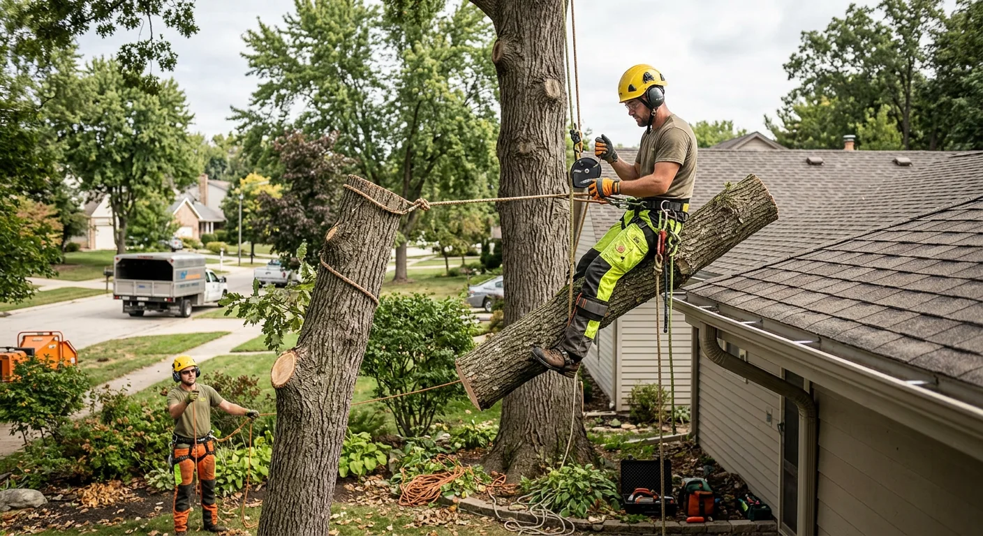 Arborist using rope rigging to lower a large limb near a rooftop
