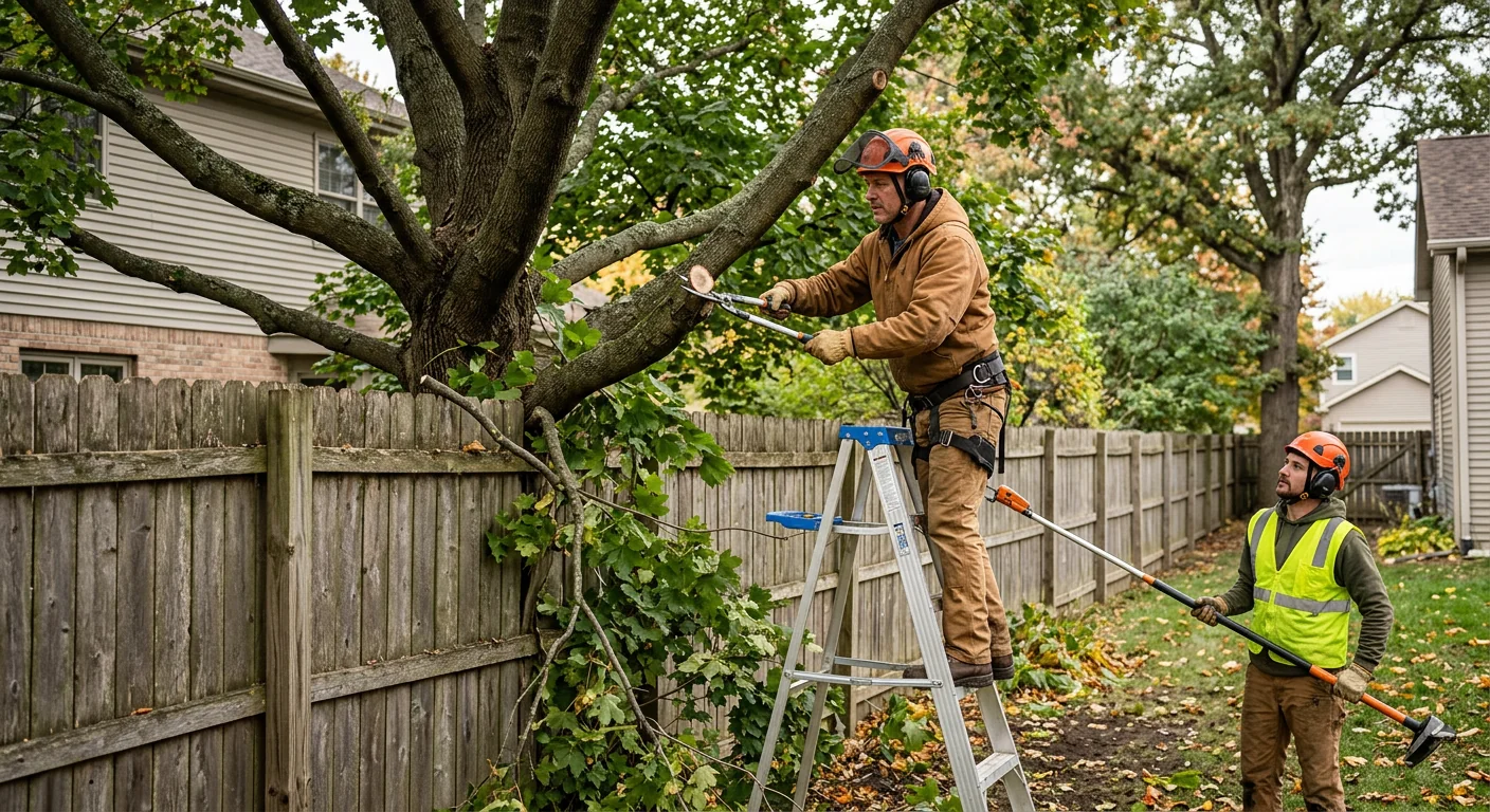 Before context of an overgrown backyard tree crowding a fence line