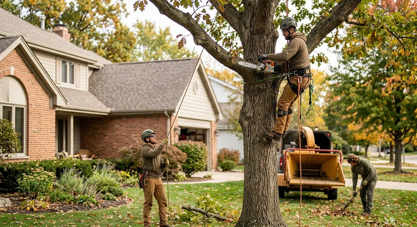 Arborist trimming a mature tree canopy in Batavia neighborhood